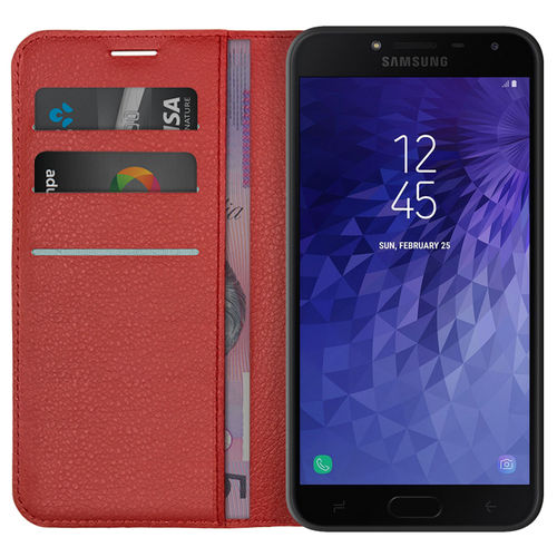 Leather Wallet Case & Card Holder Pouch for Samsung Galaxy J4 - Red